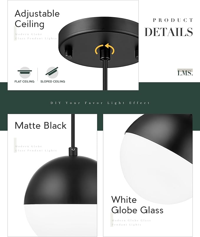 LMS Mid Century Pendant Lights, Matte Black Kitchen Island Light Fixtures - Image 4