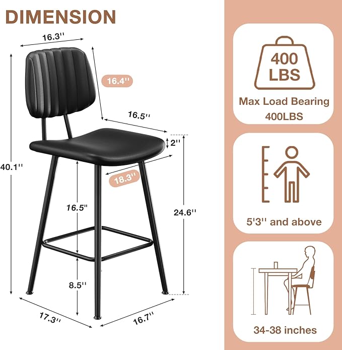 24-Inch Leather Bar Stools Set of 2, Counter Height Barstools - Image 2