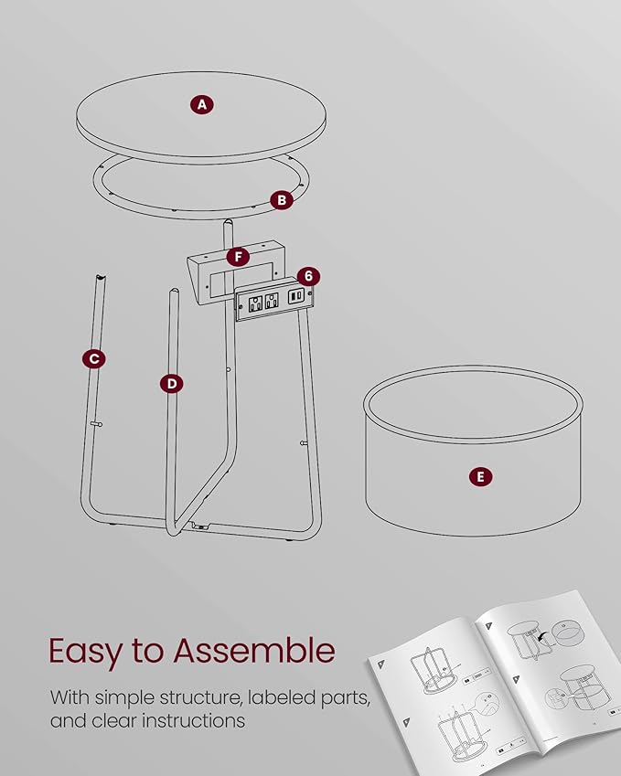 VASAGLE Side Table with Charging Station, Round End Table with Fabric Basket - Image 9