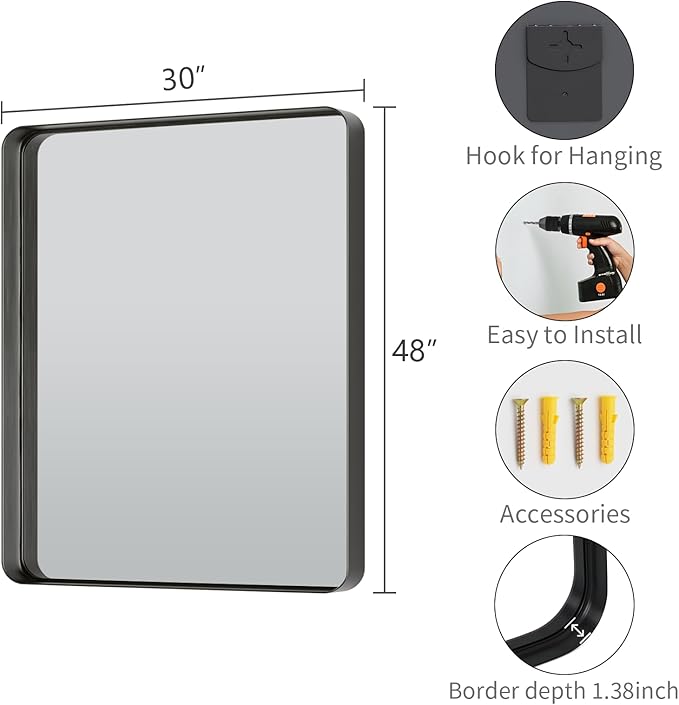 Koonmi Black Wall Mirror for Bathroom, 30x48 Inch Matte Deep Framed Rounded - Image 3