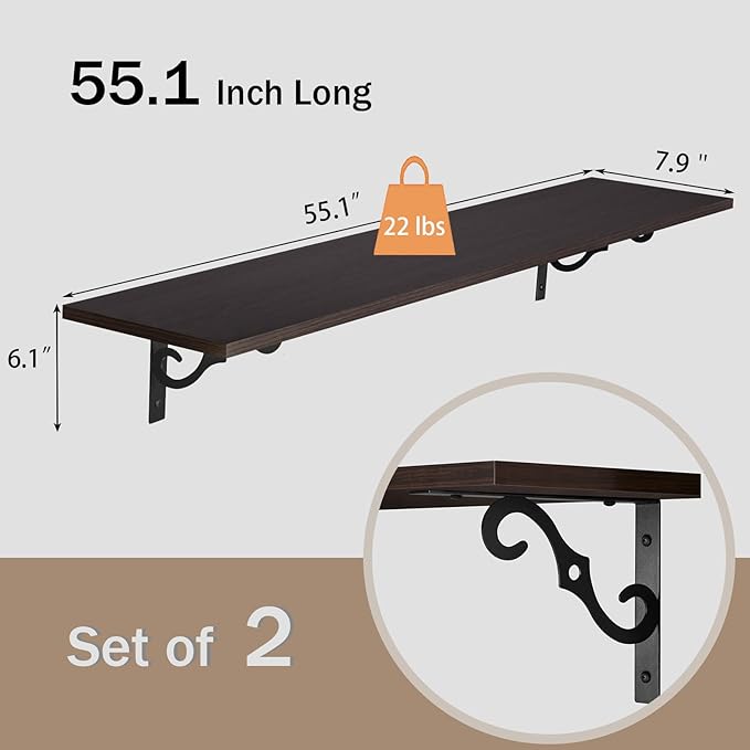 DINZI LVJ Long Wall Shelves, 55.1" Large Floating Shelves Set of 2, Wide - Image 3