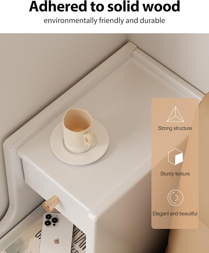 Narrow Nightstand with 3 Drawers, Solid Wood Small Nightstand White, Modern - Image 4