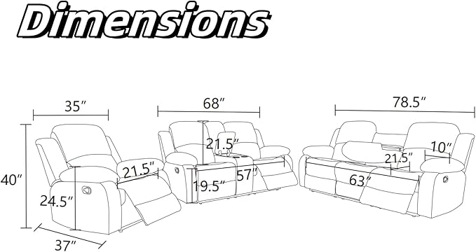 Recliner Sofa Couch, 3-Seater Home Theater Seating Reclining Sofa, Power - Image 2