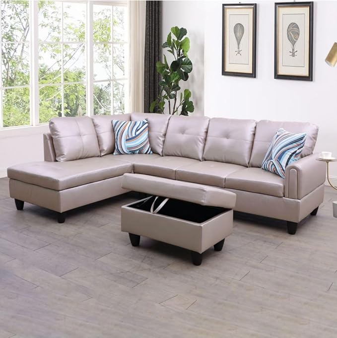 Latte L-Shaped 3-Piece Faux Leather Sofa by Unknown