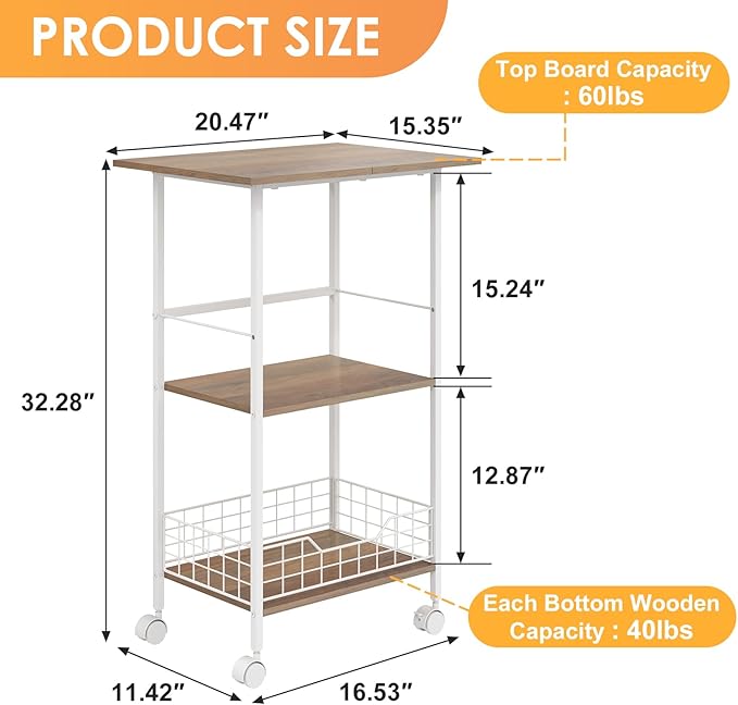 Microwave Cart with Storage, 3-Tier Rolling Kitchen Stand with Basket, Wood and - Image 3