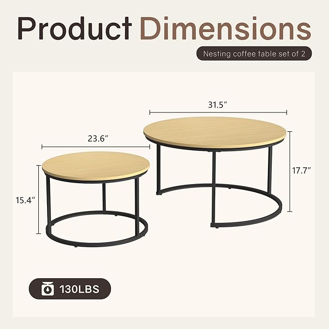 Nesting Tables Set of 2, 31.5" Round Coffee Table, Small Nesting Coffee Table - Image 2