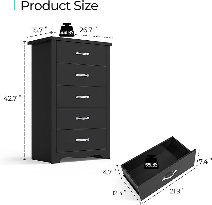 LINSY HOME 5 Drawer Dresser, Modern Dresser Chest - Image 7