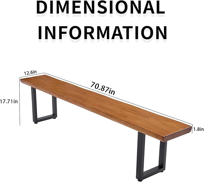 Solid Wood Top Bench with Metal Legs Durable Long Bench - Image 3