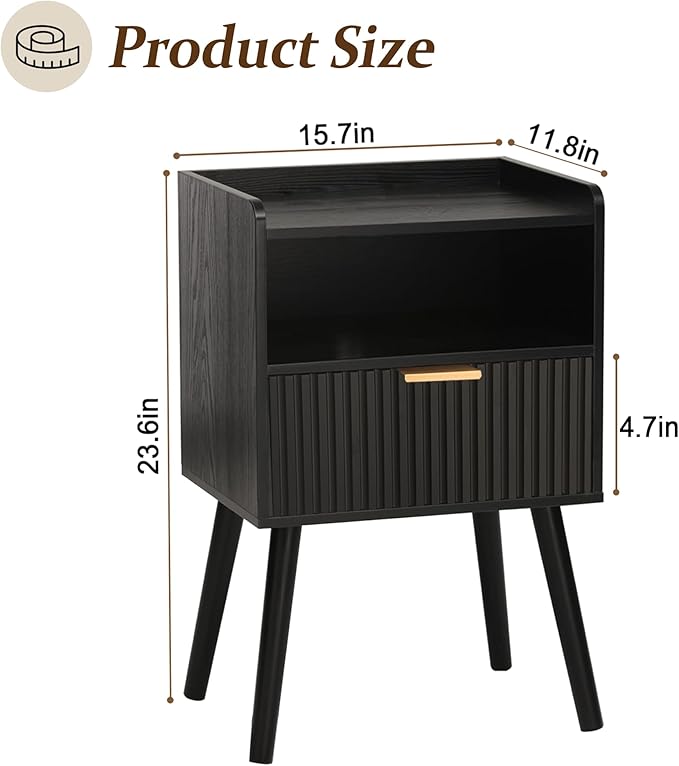 AWASEN Black Fluted Nightstand, Modern Bedside Table - Image 6