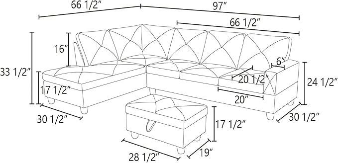 L-Shaped Sectional Sofa with Ottoman, Right-Facing Leather Modern Couch - Image 2