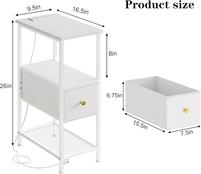 Fixwal Narrow Side Table with Charging Station and LED Light, Skinny Nightstand - Image 3