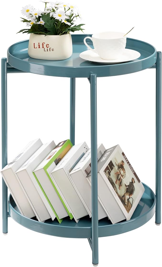 TeoKJ 2 Tier Round Side Table, Folding Round Metal End Table Small Nightstand by TeoKJ