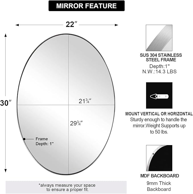 ANDY STAR Chrome Bathroom Mirror, Oval Bathroom Mirror 22 x 30 Inch, Polished - Image 2
