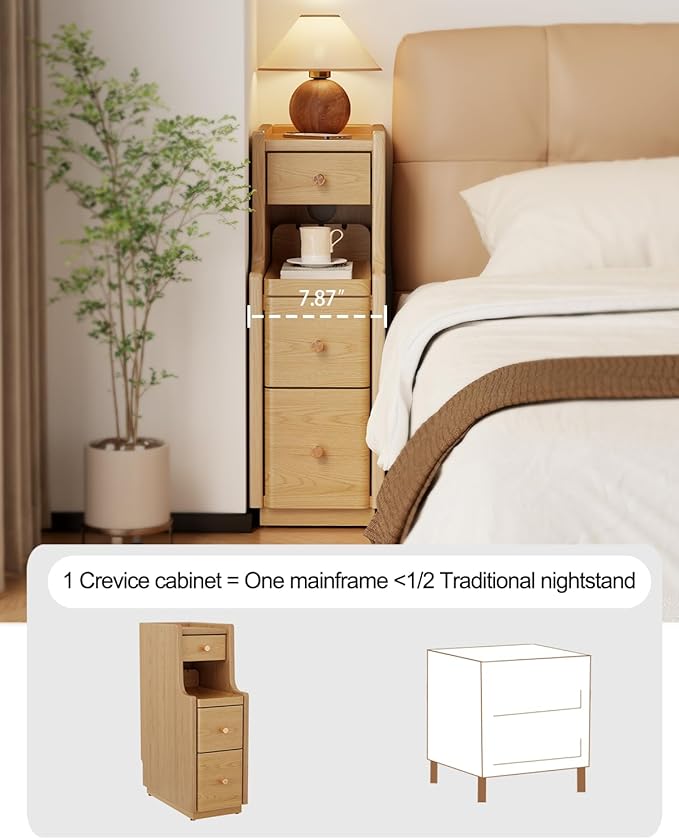 Narrow Nightstand with 3 Drawers, Solid Wood Small Nightstand Natural, Modern - Image 5