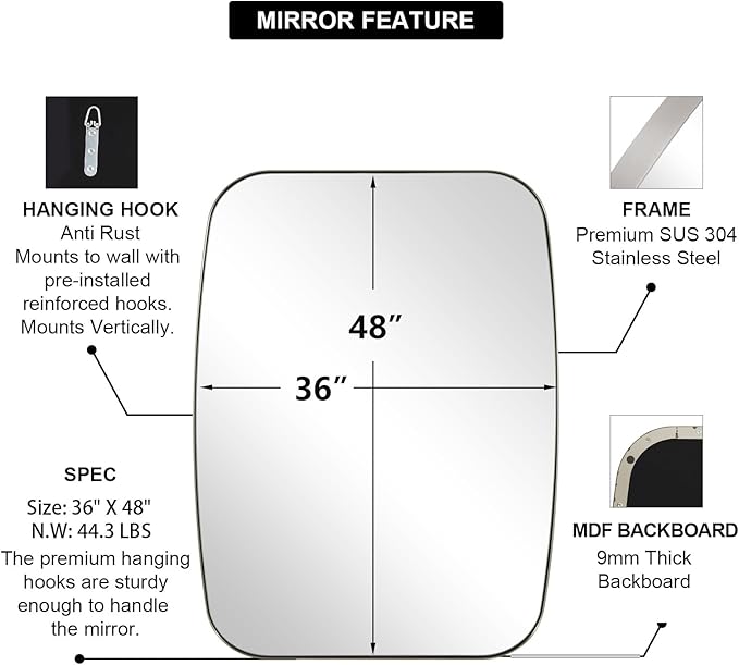 ANDY STAR Brushed Nickel Oblong Mirror, 36x48 Inch Brushed Nickel Oval Mirror - Image 4