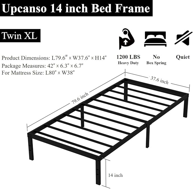 Twin XL Bed Frame No Box Spring Needed, 14 Inch Heavy Duty Metal Platform Bed - Image 3