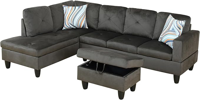 L Shaped Couch Modern Sectional Couch Upholstered Flannel Fabric 3 Pieces Sofas - Image 3