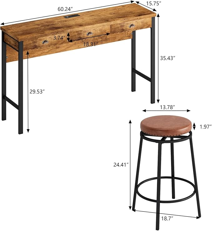 KEIKI 60.24” Long Bar High Top Dining Table and 3 Stools Chairs Set - Image 2