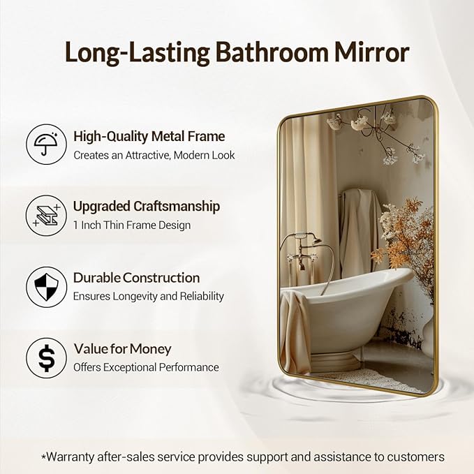 ANDY STAR 24x36 Rectangle Bathroom Mirror, Brushed Gold Stainless Steel Metal - Image 7