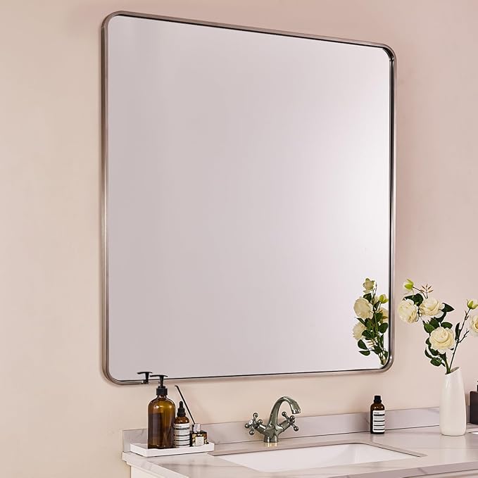 ANDY STAR 40x36 Inch Brushed Nickel Bathroom Mirror, Rounded Rectangle Bathroom by ANDYSTAR