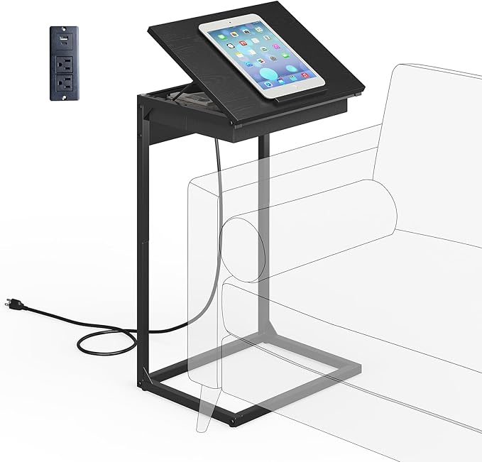 C Shaped End Table with Charging Station, 45° Tiltable Adjustable Flip Top Side by Unknown