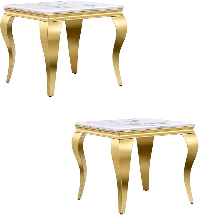 Gold End Table Set of 2, Modern White Living Room Side Table by AnewsunFurniture