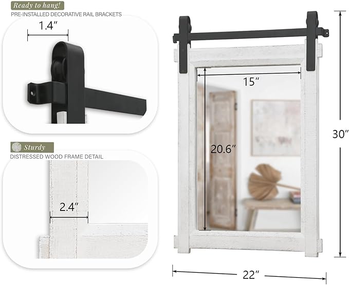 Farmhouse Barn Door Mirror: 22"x30" White Rustic Wood Frame Mirror - Image 6