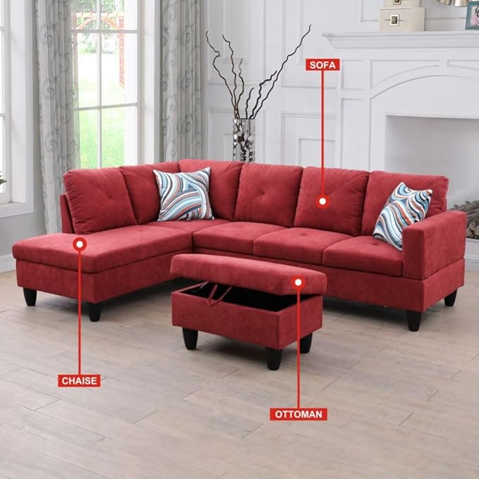 Red L-Shaped 3-Piece Flannelette Sofa - Image 3