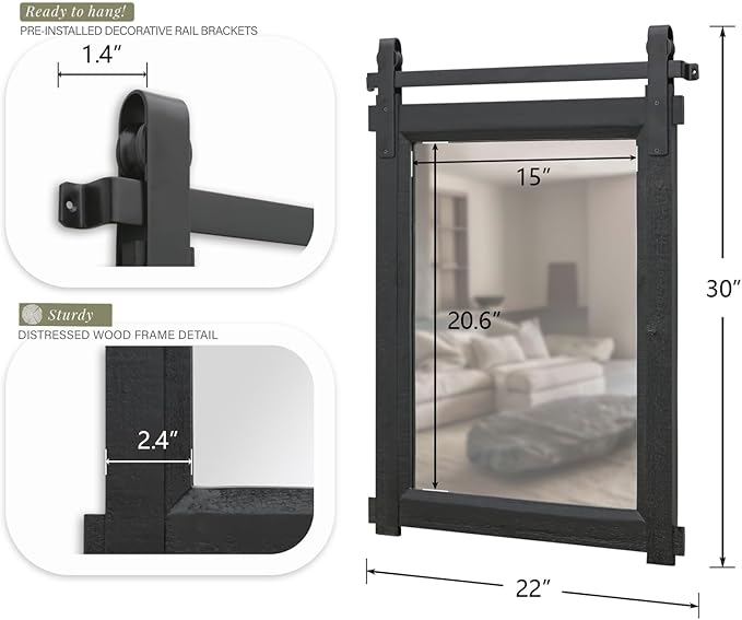 Farmhouse Barn Door Mirror: 22"x30" Black Rustic Wood Frame Mirror - Image 6