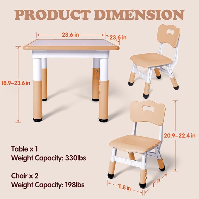 Kids Table and 2 Chairs Set, Height Adjustable Toddler Study Table and Chair Set - Image 5