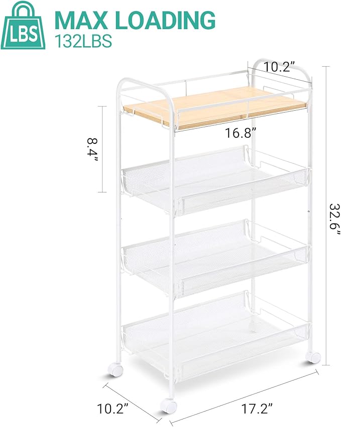 KINGRACK 4-Tier Rolling Cart, Metal Utility Cart - Image 2
