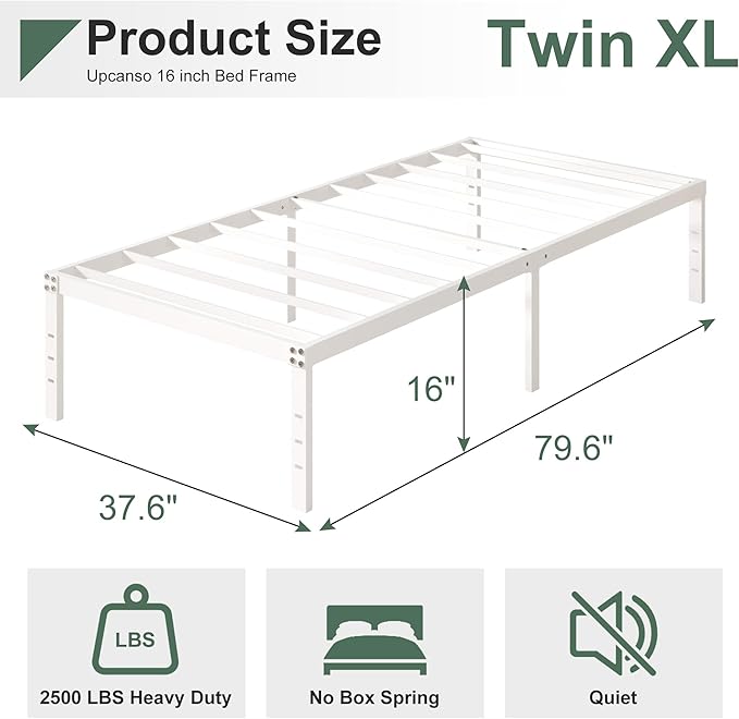 16 Inch White Twin XL Bed Frames, Metal Platform Twin XL Bed Frame - Image 2