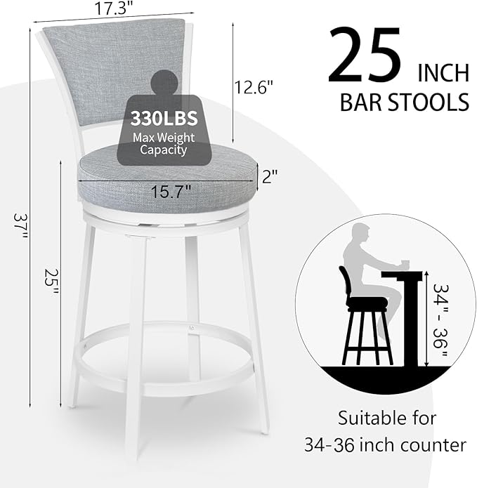 Bar Stools Set of 2, 25 Inch Metal Counter Height Bar Chairs, Modern Linen - Image 3