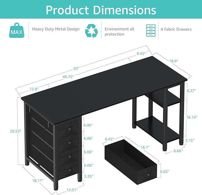 Lufeiya Gaming Desk with 4 Fabric Drawers & Storage Shelves, 63 inch Computer - Image 3