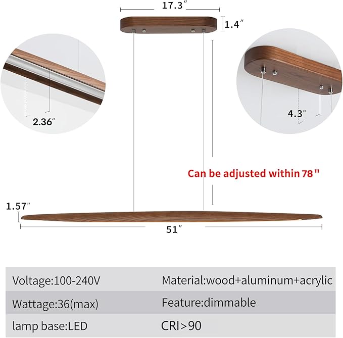 51" Wood Linear Pendant Light Wood Dining Room Light Fixture Modern Pool Table - Image 3
