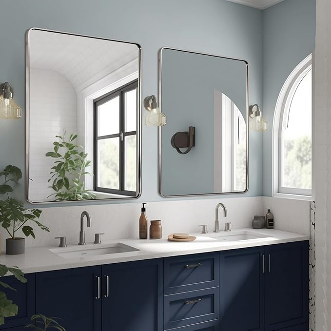 ANDY STAR 48x36 Inch Brushed Nickel Bathroom Mirror, Rounded Rectangle Bathroom - Image 3