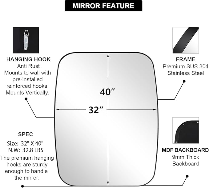 ANDY STAR Black Oblong Mirror, 32x40 Inch Black Oval Mirror - Image 5