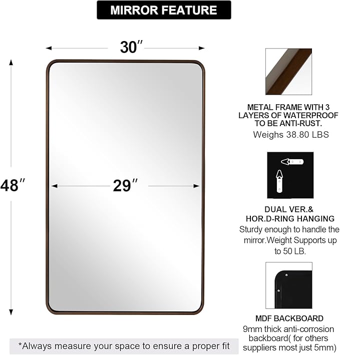 ANDY STAR Bronze Bathroom Mirror, 30x48 Inch Oil Rubbed Bronze Mirror Rounded - Image 2