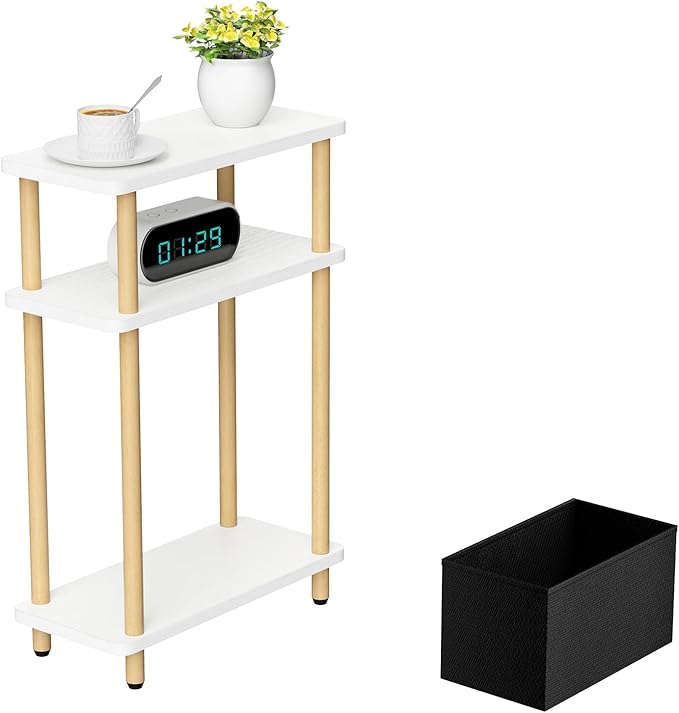 Narrow Side Table with Fabric Basket, 3 Tier Skinny End Table with Wood Legs by THUMEYE
