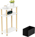 Narrow Side Table with Fabric Basket, 3 Tier Skinny End Table with Wood Legs by THUMEYE