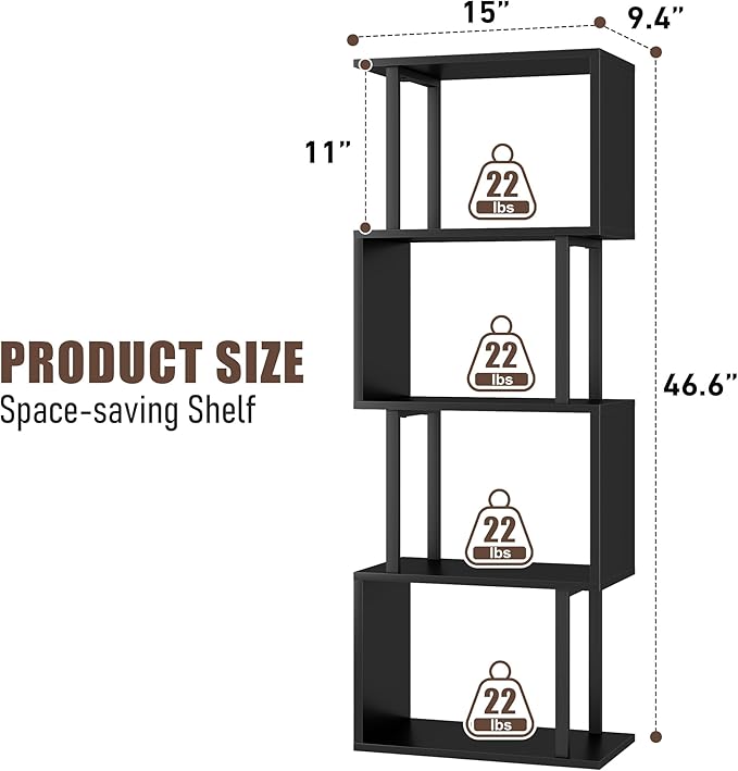 Gadroad 4-Tier Bookshelf, Narrow S-Shaped Geometric Bookcase, Wood Decorative - Image 3
