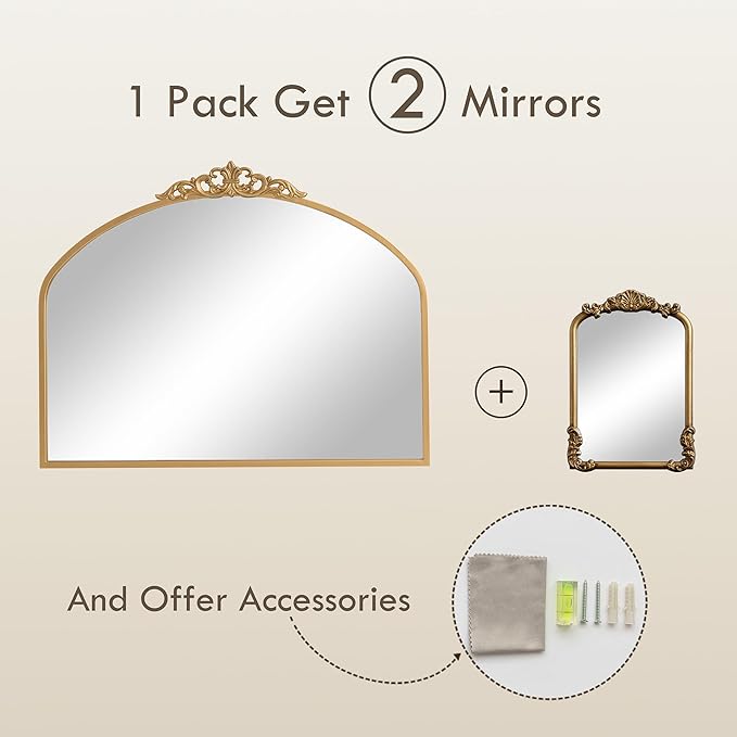 1 Set Vintage Mirror 36x29 Gold Antique Baroque Arched Ornate Traditional Brass - Image 2