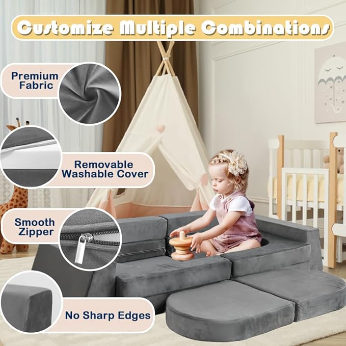 Modular Kids Play Couch Convertible Toddler Building Fort Sofa and Cushion - Image 4