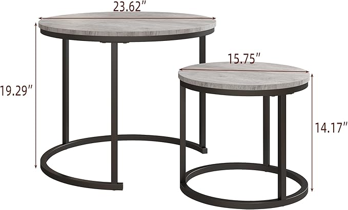 Round Coffee Table Set of 2 for Living Room, Nesting Tables Metal Frame/Wood - Image 2