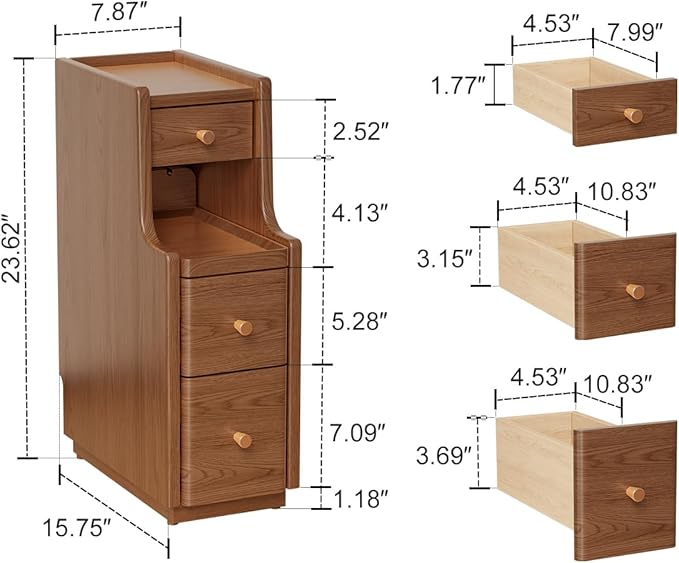 Narrow Nightstand with 3 Drawers, Solid Wood Small Nightstand Walnut, Modern - Image 2