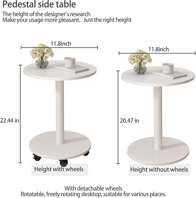 Pedestal Side Table Round with Wheel, Rotating Couch Tables That Slide Under - Image 2