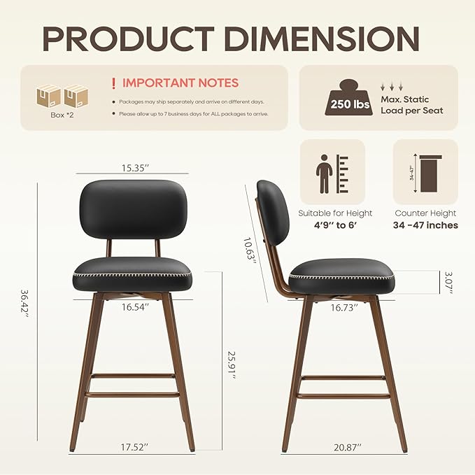 Swivel Bar Stools Set of 4, Mid Century PU Leather Counter Height Bar Chairs - Image 2