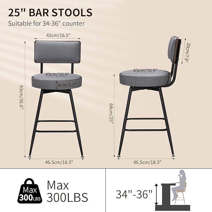 Counter Height Bar Stools, Round Swivel Bar Chair, Fabric Upholstered Barstools - Image 3