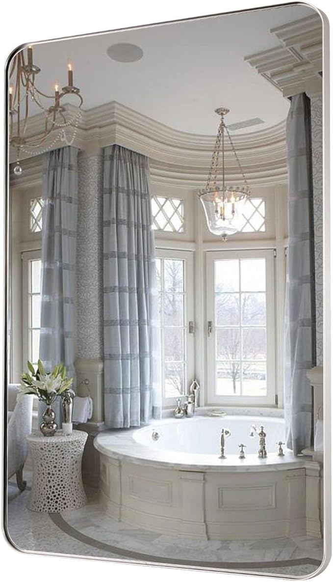 Silver Wall Mirror, 30x48 Inch Rounded Rectangle Vanity Mirror - Image 3