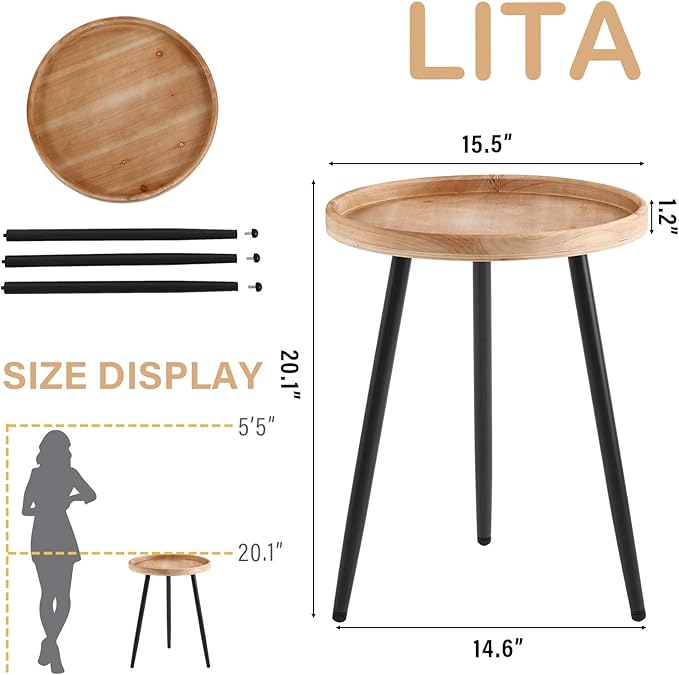 LITA Log Desktop Round Side End Table, Indoor Outdoor Wooden Tray Nightstand - Image 2